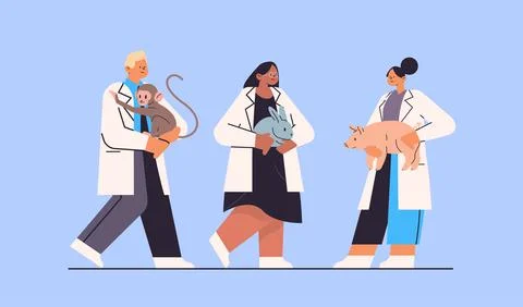 Scientists doing experiments in lab with experimental animals biological genetic Illustrazione stock