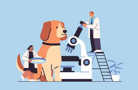 Scientists doing experiments in lab veterinary workers with experimental dog Illustrazione stock