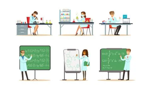 Scientists Doing Researches and Calculations in the Laboratory Vector Illustrazione stock