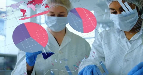 Scientists drawing blue from tubes with pipette overlaying data comparing Stock Footage 310430632