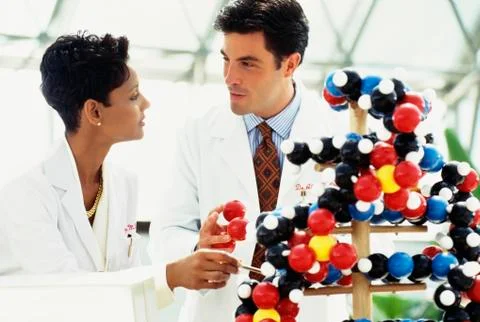 Scientists examine model of molecule Stock Photos