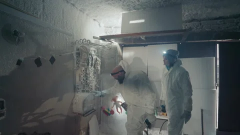 Scientists examine samples. Researchers study icy specimen carefully 動画素材 342748792