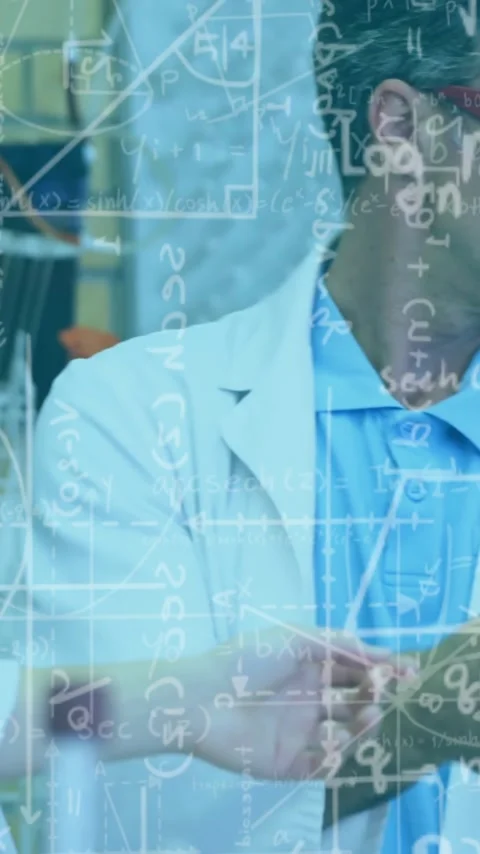 Scientists examining molecular model, mathematical equations animation over Stock Footage 343645364
