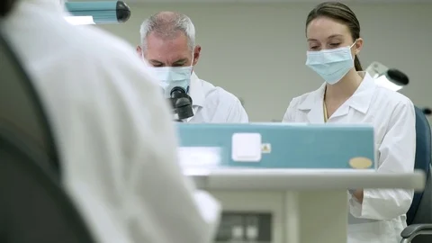 Scientists examining samples through a microscope Video stock 77078682