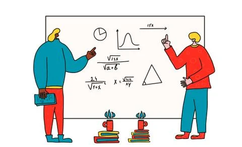 Scientists explaining diagram, theorem and notes to each other. Two researche Stock Illustration
