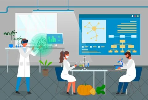 Scientists exploring plant breeding, growing from tubes, using microscope Stock Illustration