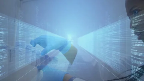 Scientist's gloved hand entering and selecting vial on lab bench, holo overlay Stock Footage 332545112
