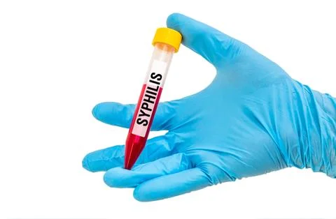 Scientists hand with blue rubber gloves holding a test-tube with blood sample Stock Photos