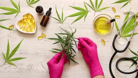 Scientists hand in protective gloves checking hemp plants. Stock Footage 158738303