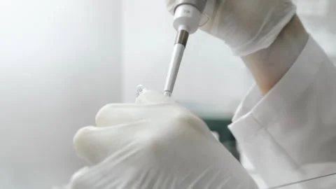 A scientists hands dripping a sample into an eppindorf with pipette. Stock Footage 294355654