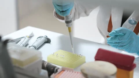 A scientists hands dripping a sample into an eppindorf with pipette. Stock Footage 294534858