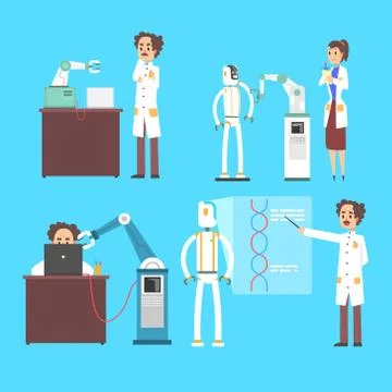 Scientists invention in robotic cybernetic engineering industry set, artificial Illustrazione stock