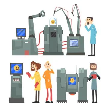 Scientists invention in robotic cybernetic engineering industry set, artificial Stock Illustration