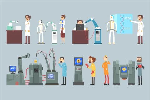 Scientists invention in robotic cybernetic engineering industry set, artificial Stock Illustration