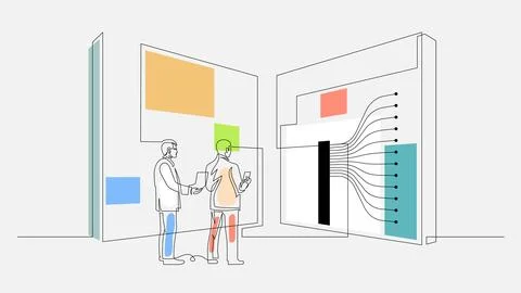 Scientists Investigate Neural Network Patterns on Large Displays in Modern Lab Stock Illustration