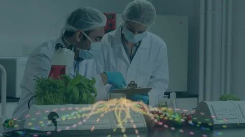 Scientists in lab coats analyzing data with colorful animation overlay Stock Footage 303869651