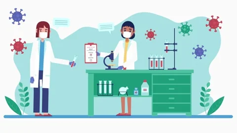 Scientists in Lab Coats Researching Virus with Microscope and Test Tubes. Stock Footage 318345987