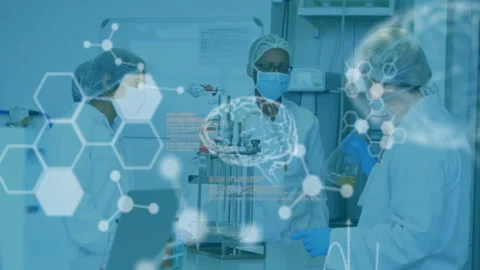 Scientists in lab coats working with digital brain and molecule animation Видео 304843208