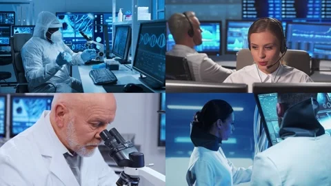 Scientists, lab equipment and microscopes in biomedical innovations and clinical Stock Footage 304576429