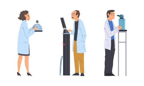 Scientists in lab. Physicists in white coats doing scientific experiment with Illustrazione stock