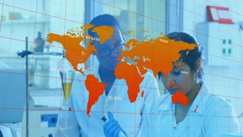 Scientists in laboratory working with world map and data overlay animation Stock Footage 305079590