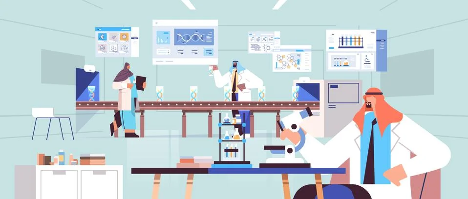 Scientists looking to microscope researchers making microbiology research in lab Stock Illustration