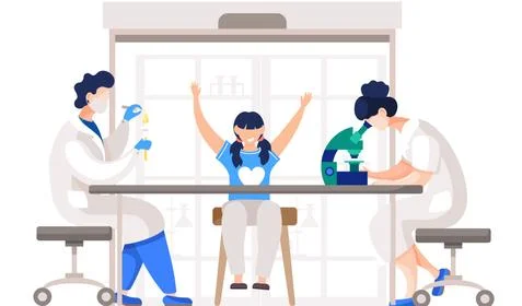 Scientists looking through a microscope and working with a pipette. Little girl Stock Illustration