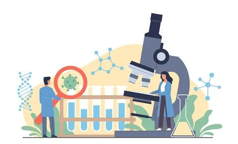 Scientists with magnifying glass and microscope. Bacteriological laboratory Stock Illustration