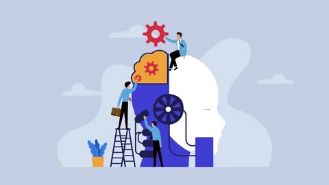 Scientists men building human head with cogwheels and wires cartoon animation Stock Footage 276340870