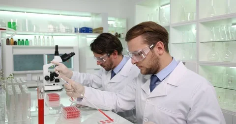Scientists Men Work Pour Liquid Samples Micropipette into Microplate Laboratory Stock Footage 87919769
