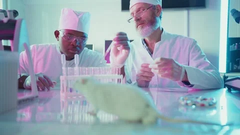 Scientists observing laboratory rat during experiment Stock Footage 304892547
