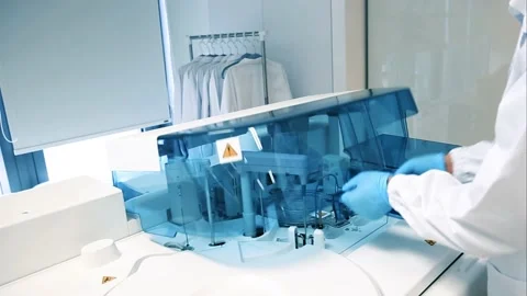 Scientists operate bioimmune instruments. Vídeos de archivo 130934873