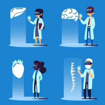 Scientists or doctors using virtual reality flat vector illustration isolated. 스톡 일러스트