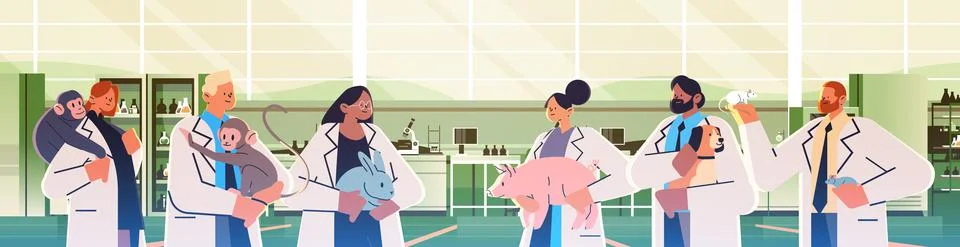 Scientists or veterinary workers doing experiments in lab with experimental Stock Illustration