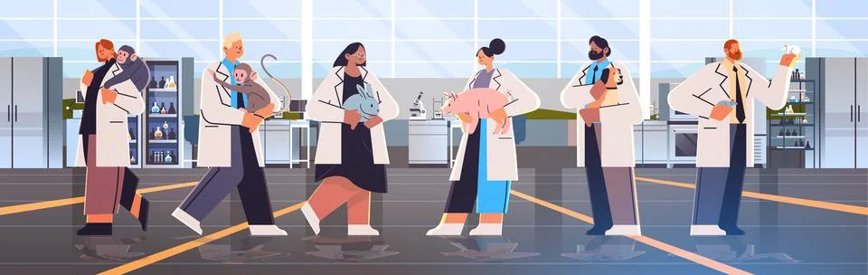 Scientists or veterinary workers doing experiments in lab with experimental Stock Illustration