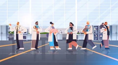 Scientists or veterinary workers doing experiments in lab with experimental Stock Illustration