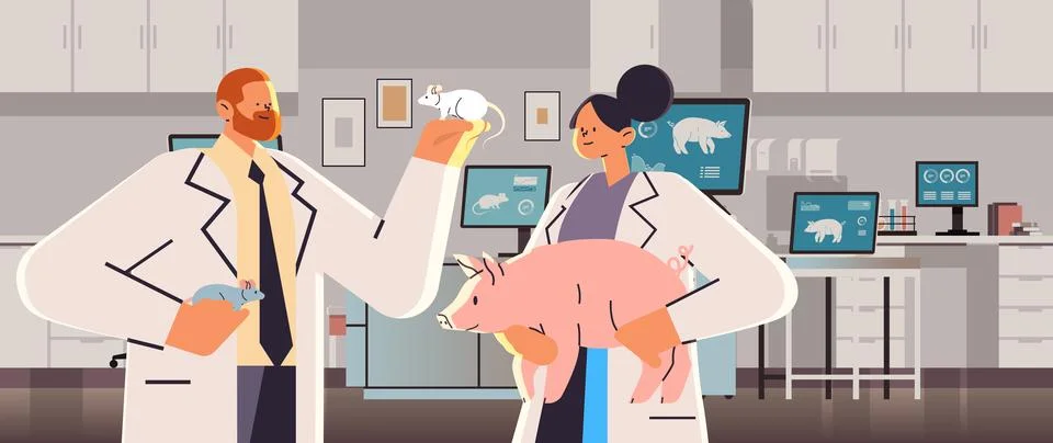 Scientists or veterinary workers doing experiments in lab with experimental Stock Illustration