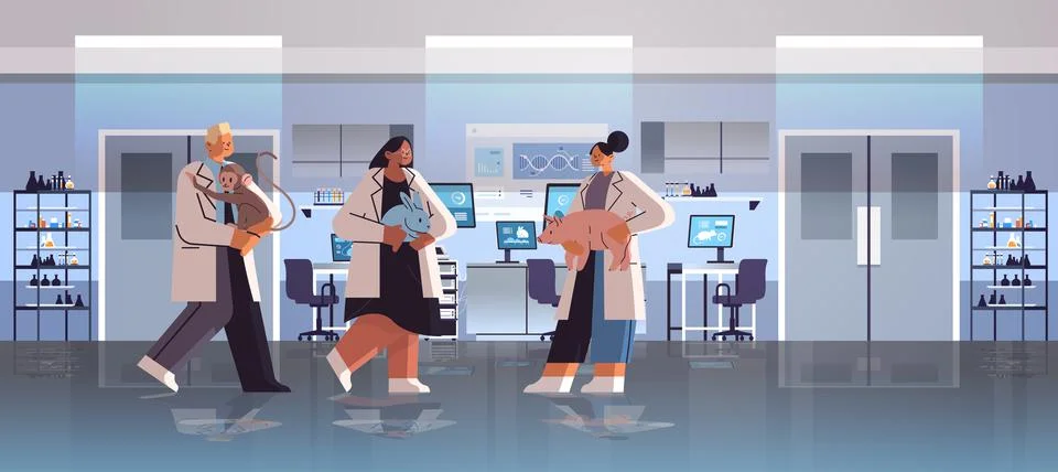 Scientists or veterinary workers team doing experiments in lab with experimental Stock Illustration