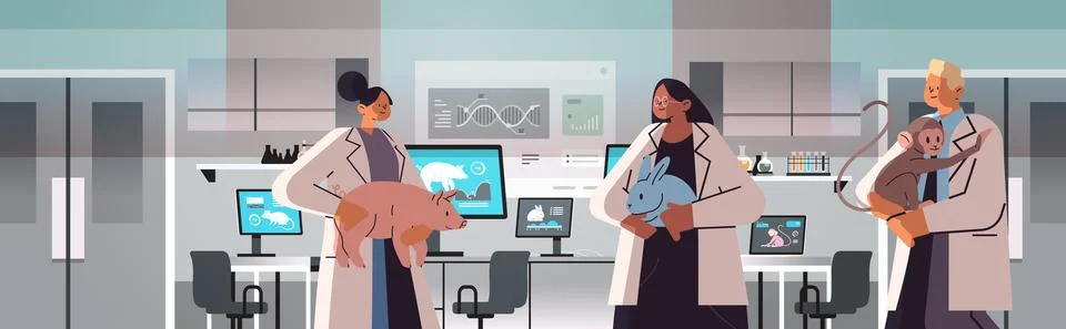 Scientists or veterinary workers team doing experiments in lab with experimental Stock Illustration