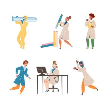 Scientists people and lab workers characters set. Chemical, pharmaceutical and Stock Illustration