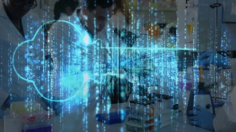 Scientists pipetting liquids, sparking code forming glowing key icon unlocking Stock Footage 310643393