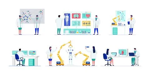 Scientists presenting molecular structures, researchers analyzing medical data Stock Illustration