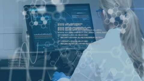 Scientists in protective clothes working in a laboratory with data and diagrams 스톡 동영상 114830633