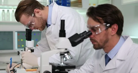 Scientists Researchers Men Pharmaceutical Testing Sample Microscope Laboratory Stock Footage 85581233
