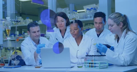 Scientists reviewing lab data as holograms appear, lifting test tube and holding Stock Footage 312757300