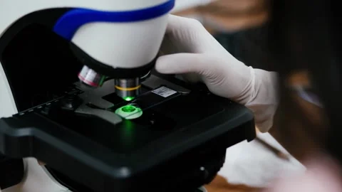 Scientists to rotate the lens of a microscope with slide and green light	 Stock Footage 133444848