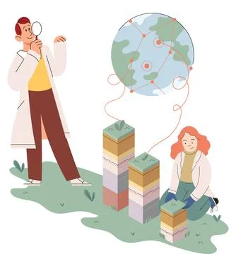 Scientists studying composition of soil, compound of minerals in layers of Ilustração Stock
