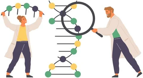 Scientists studying DNA molecule. Genetic engineering, manipulation of genes Illustrazione stock