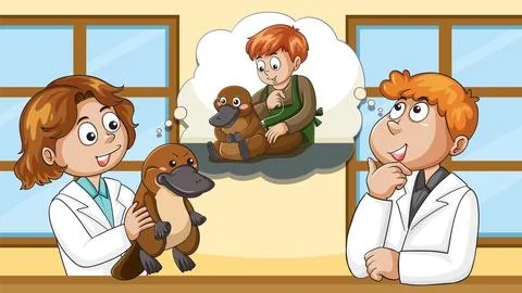 Scientists Studying Platypus and Imagining Human Interaction Stock Illustration