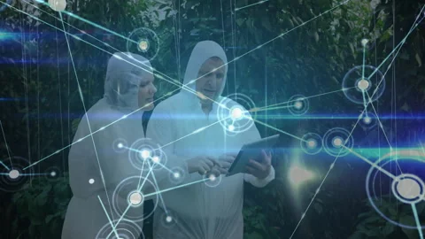 Scientists tapping tablet in greenhouse starting node and tracing network growth Stock Footage 314849805